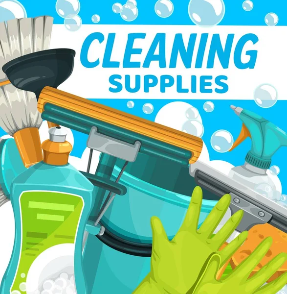 Material Limpeza Balde Vetor Doméstico Limpo Detergentes Esponja Mais Limpa — Vetor de Stock