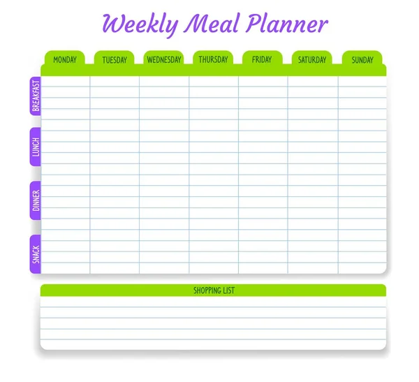 Tygodniowy Planista Posiłków Harmonogram Wektorów Organizator Tygodniowego Planu Posiłków Kalendarz — Wektor stockowy
