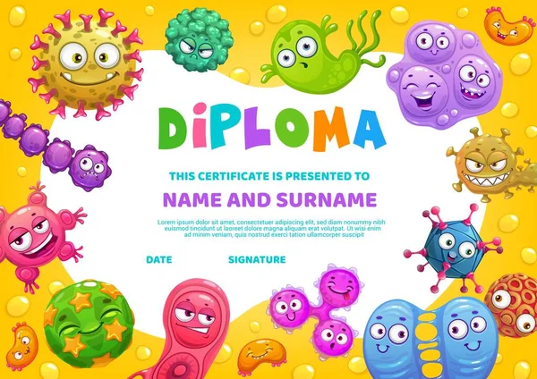 School Diploma Vector Certificaat Template Met Grappige Kiemen Tekens Cartoon — Stockvector