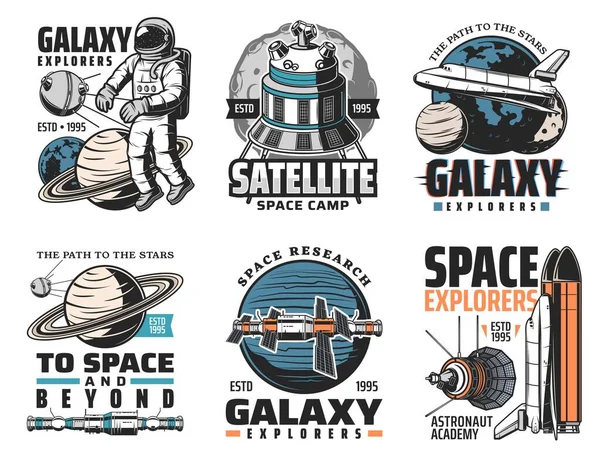 Galaxutforskning Ikoner För Upptäckter Rymden Astronaut Yttre Rymden Konstgjord Satellit — Stock vektor
