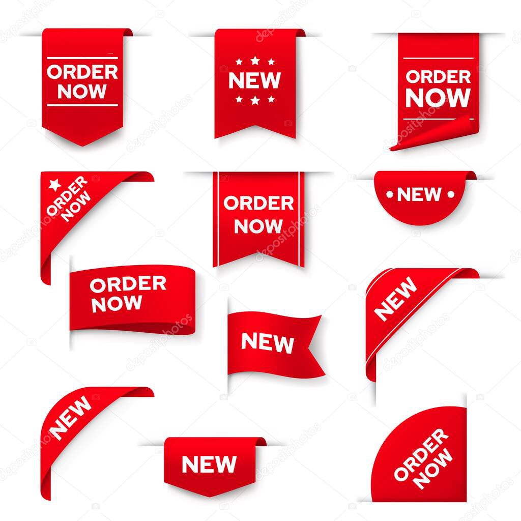 Order now red vector banners, ribbons, web design elements, bookmarks. Realistic corners, isolated 3d icons or labels. Discount silk scarlet promotional event shopping flags, tags and new order badges