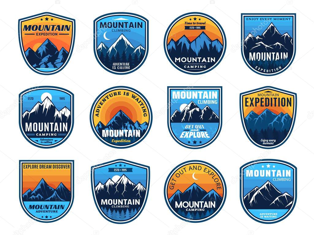Mountain climbing, camping travel icons, tourism sport and outdoor travel, vector. Mountain camping and hiking club expedition shield badges, camp tourism and mountaineering extreme adventure