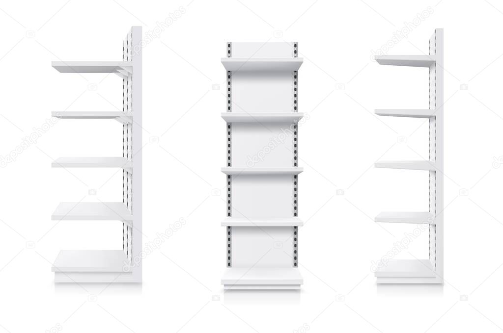 Shelves, supermarket and store showcase, shop product display, vector realistic 3D mockup. Supermarket shelf rack, white retail stand, warehouse shelving, slatwall or slotwall with adjustable shelves