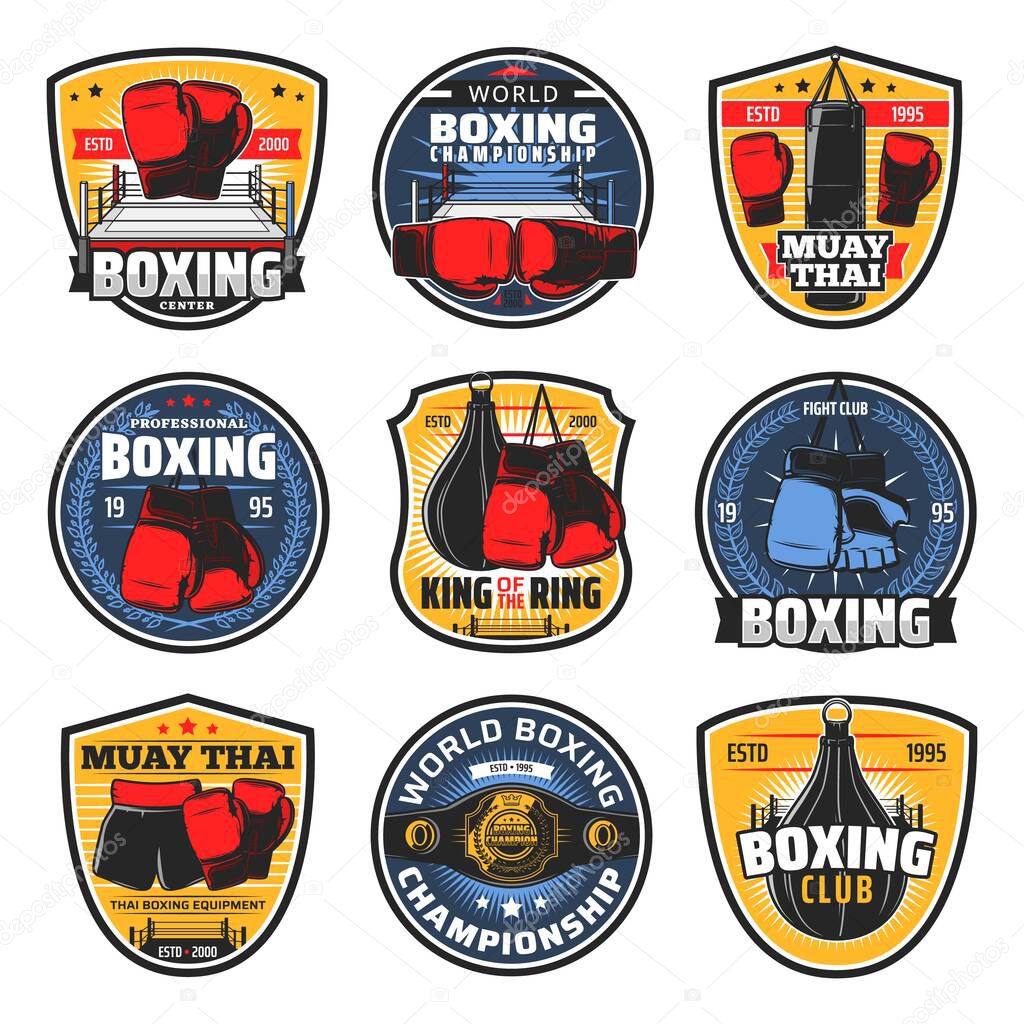 Boxing Muay Thai icons, kickboxing fighter arts vector badges. Thailand mma wrestling sport and muay thay boxers club, championship belt, boxing equipment, gloves and punching bag at ring