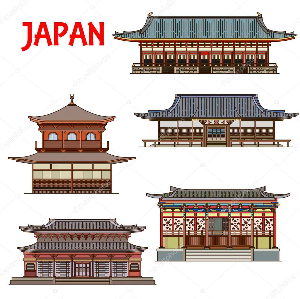 Japanese temples, Japan buildings, pagoda houses architecture, vector Kyoto landmarks icons. Japanese Ninna-ji, Jisho-ji, Eikan-do and Zenrin-ji temple, Ginkaku-ji Silver Pavilion and Nanjen-ji shrine