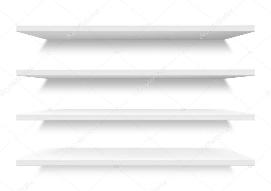 Shelves in supermarket, store empty retail showcase display, vector 3D mockups. Shop shelves, white blank product stands and racks, isolated supermarket or trade mall pos shelving templates