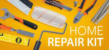 Tamir, ev yapımı ve bina alet çantası, vektör evi araç gereçleri ve DIY çalışma kiti. Ahşap işçiliği ve duvarcılık aletleri tornavida, ingiliz anahtarı ve cetvel, boya silindiri ve alçı spatula