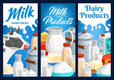 Süt ürünleri ve süt çiftliği ürünleri. Vektör metal kutu, sürahi kremi, yoğurt ve tereyağı tabakta, peynir, kefir, yoğurulmuş ya da mayalanmış süt, kaymak ve inek. Doğal süt ürünleri üretimi karikatür afişleri