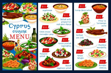 Kıbrıs mutfağı yemek menüsü avgolemno, greyfurtlu salata ve keçi peyniri, krem salatalık çorbası. Yunan turşulu sebzeler, larnakski tarzı pilav, ızgara balık, kurabiyeler Cyprian yemekleri.