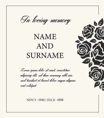 Funeral card vector template, vintage condolence obituary with typography in loving memory and vintage rose flowers, place for name, birth and death dates. Mourning memorial, funereal card, necrologue clipart
