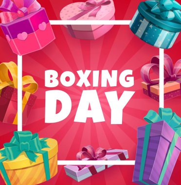 Hediye kutularıyla boks günü vektör çerçevesi. Radyal ışın arkaplanındaki kurdelelerle Noel hediyeleri. Xmas boks günü kış tatili mevsimlik kutlaması, büyük indirim tanıtım kampanyası, mağaza reklam afişi
