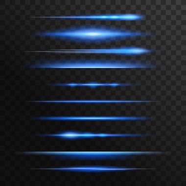 Mavi ve neon ışıkları, parlak vektör çizgileri. Lens ya da yıldız ışığı, patlamalar ve parıltılar parlıyor. İzole edilmiş yatay doğrusal ışıldayan ışın izleri, parlak patlama, yanıp sönen ışık