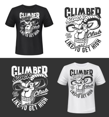 Dağ keçisi tişörtü izi ya da dövme, vektör dağ keçisi maskotu. Kıvrık boynuzları, sakalı ve kürkü olan sırıtan hayvan başı. Av kulübü sembolünün vahşi memelisi. Giysi modeli, kaya tırmanıcı tasarımı