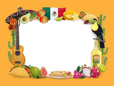 Cinco de Mayo vektör çerçevesi, Meksika tatili. Meksika yemeği, taco, enchilado ve limonlu tekila ile kutlama sınırı. Sombrero, gitar ve tukan, kaktüs, carambola ve bayraklı ejderha meyvesi.
