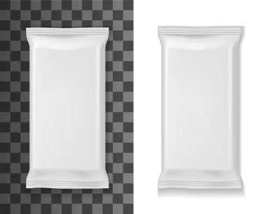 Beyaz paket modeli, kese ya da çanta 3D vektör gerçekçi şablon. Folyo, plastik ya da kağıt beyaz dikdörtgen paketler. Yiyecek, ıslak havlu ya da kozmetik ambalajlama için boş paket