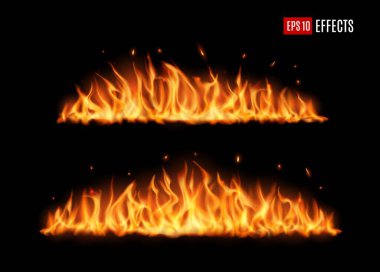 Uzun yanan ateş dilleri, parçalı gerçekçi vektör alevi, uçan kıvılcımlar ve közler. Yanan alev etkisi, parlayan alev sınırı, siyah arka planda izole edilmiş 3 boyutlu ateş tasarımı elementi