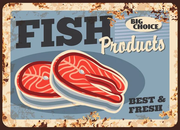Salmon Fish Rusty Metal Plate Fish Market Menu Vector Retro — Stock Vector