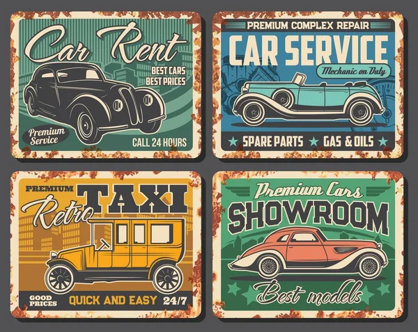 Taxi Servicio Alquiler Coches Sala Exposición Distribuidor Placas Metálicas Oxidadas — Archivo Imágenes Vectoriales