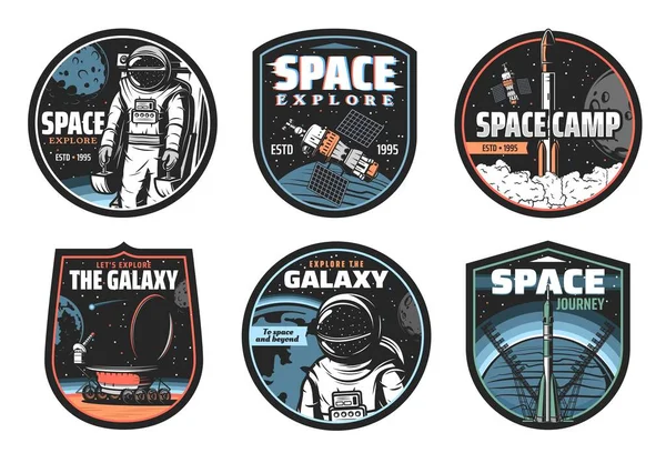 Iconos Galaxias Espacio Astronautas Vectores Cohetes Cosmos Explorar Lanzaderas Expedición — Archivo Imágenes Vectoriales