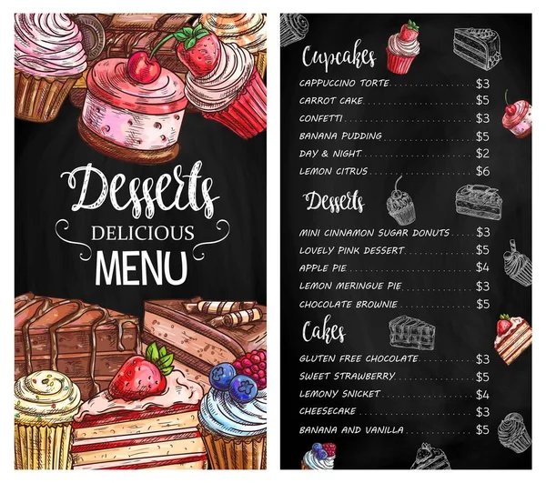 Ескіз Крейдяного Меню Десертами Тортами Полуничні Шоколадні Торти Шматочки Кекси — стоковий вектор