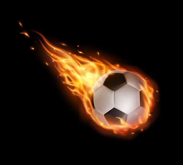 炎の炎に落ちる孤立したベクトルサッカーボール火の舌で飛んでサッカーボール 現実的な3Dスポーツ在庫 競争やトーナメントのプロモーション 黒の背景にスポーツデザイン要素 — ストックベクタ
