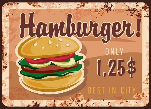Hamburger paslı tabak, fast food burger menüsü, vektör metal işareti. Fast food hamburgerleri, çizburgerler ve bistro sandviçler, pas efektli cafe retro poster, hamburger dolar fiyat menüsü