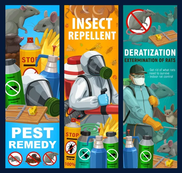 Pest Control Sanitary Service Vector Banners Desinfestación Deratización Con Insecticidas — Archivo Imágenes Vectoriales