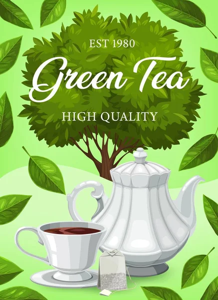 Green Tea Leaves Drink Cup Tea Bag Pot Vector Poster — Stock Vector