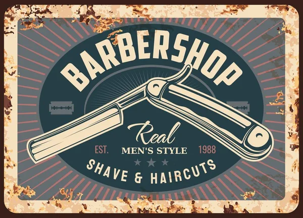 Peluquería Metal Placa Oxidada Con Maquinilla Afeitar Barbería Vector Vintage — Archivo Imágenes Vectoriales