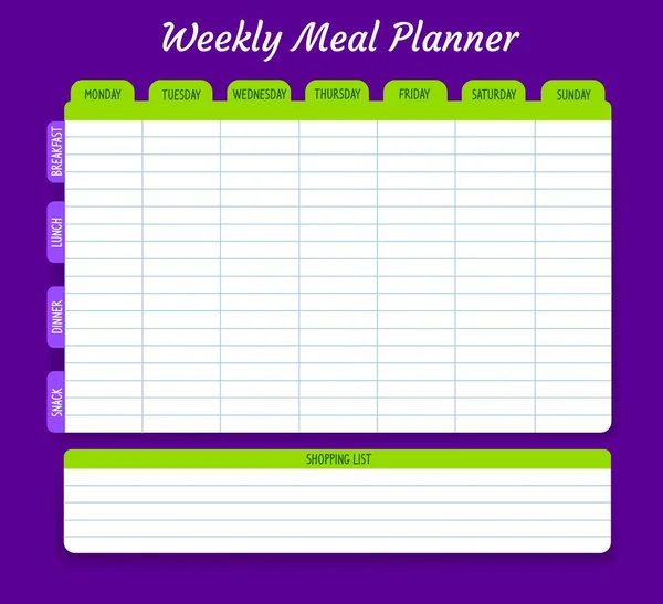 Planificador Comidas Semanal Plan Alimentación Vectorial Para Semana Menú Calendario — Vector de stock