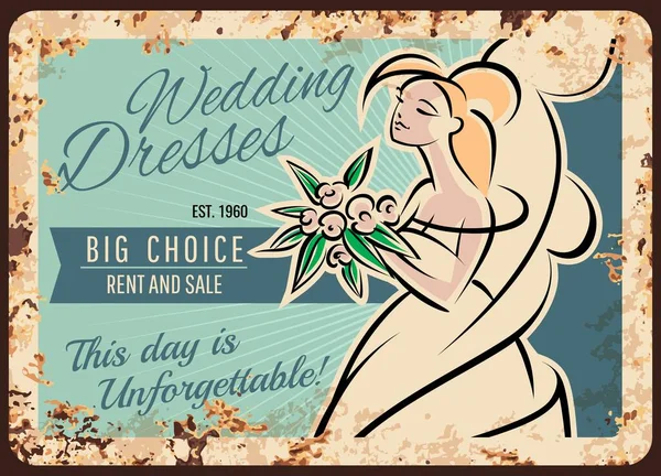 Wedding Dress Bride Shop Metal Rusty Plate Bridal Boutique Vector — Stock Vector