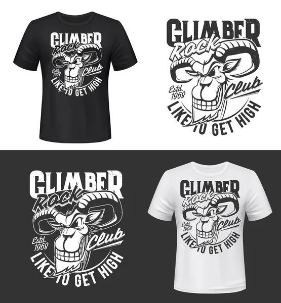 Dağ keçisi tişörtü izi ya da dövme, vektör dağ keçisi maskotu. Kıvrık boynuzları, sakalı ve kürkü olan sırıtan hayvan başı. Av kulübü sembolünün vahşi memelisi. Giysi modeli, kaya tırmanıcı tasarımı