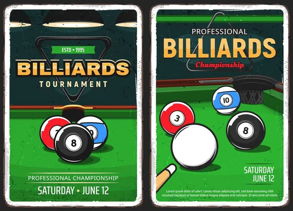 Billard Pool Spiel Snookermeisterschaft Und Turnier Vektor Retro Vintage Poster — Stockvektor