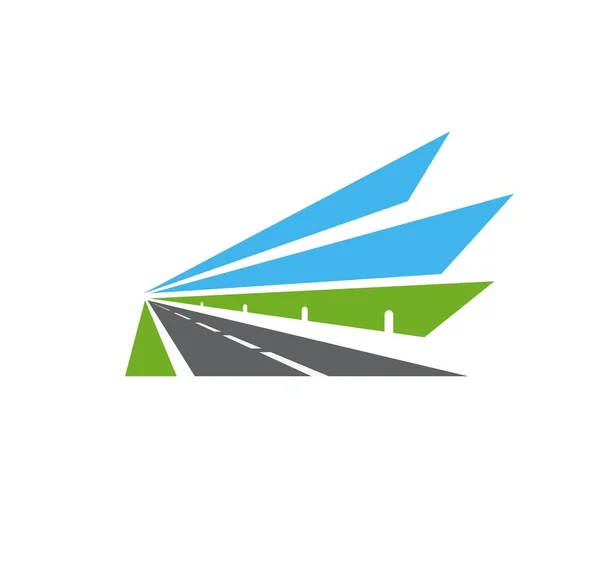 高速道路のベクトルアイコン 安全バリア 緑のフィールドと青空と孤立したパス 高速道路フェンシングの距離に消失点に向かって後退と隣接した 輸送用ドライブウェイ — ストックベクタ