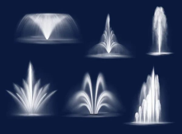 Cascades Fontaines Jets Eau Vectoriels Isolés Ruisseaux Blancs Fontaine Aqua — Image vectorielle