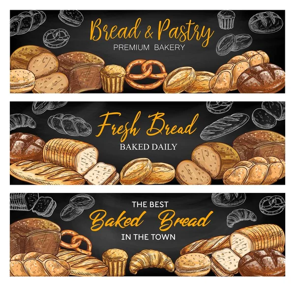 Bread Bakery Shop Chalkboard Sketch Vector Banners Rye Cob Challah — Stock Vector