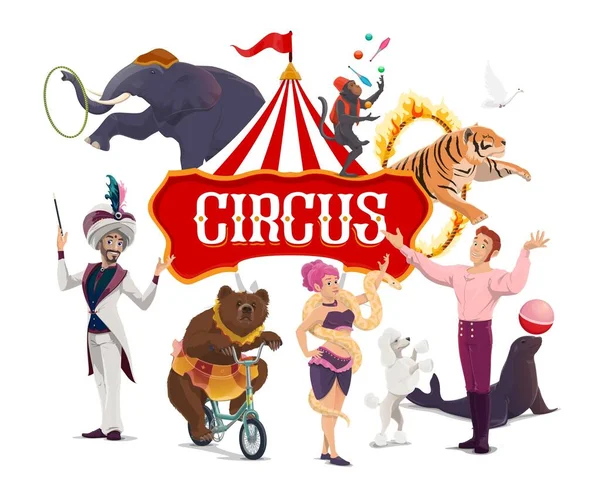 Carpa Grande Carpa Circo Mostrar Artistas Vector Cartel Artistas Arena — Vector de stock
