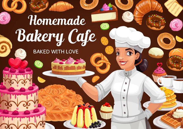 Patisserie bakery, vector baker woman presenting cake, homemade desserts and bake bread. Bagels and buns, fresh baking sweet donut, croissant, pretzel and cupcake, meringues. Baker patisserie poster