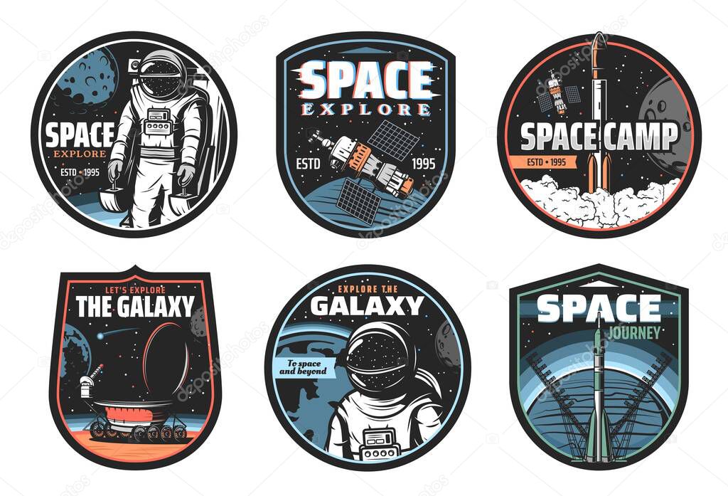 Galaxy, space, astronaut and rocket vector icons. Cosmos explore shuttles expedition, exploration or adventure. Satellite in outer space, rover on red planet surface. Colonization mission retro labels