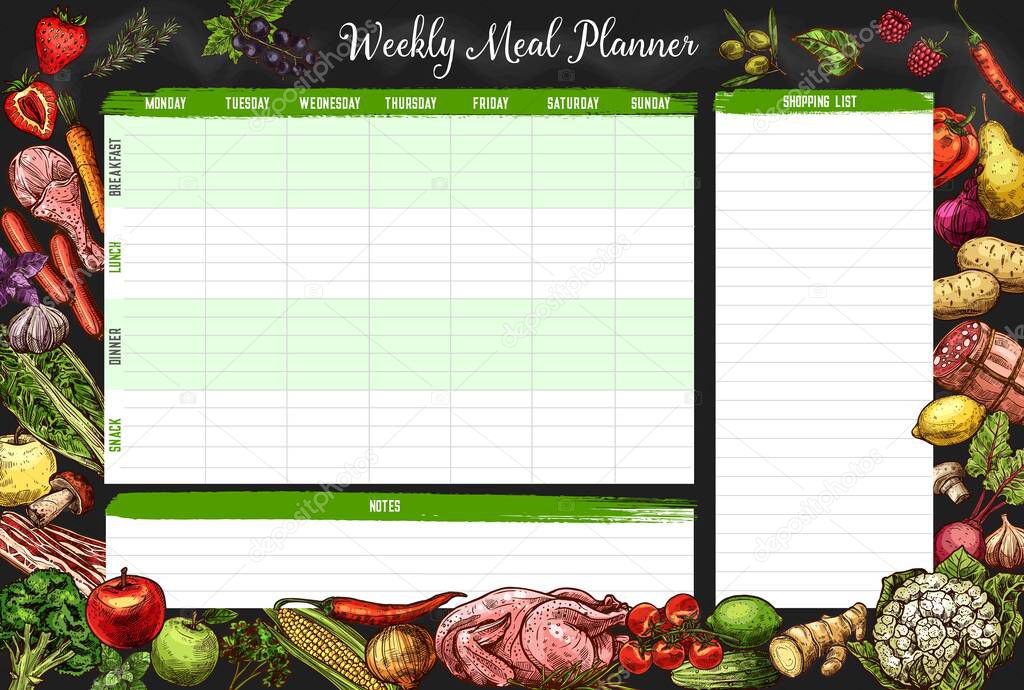 Weekly meal planner, vector timetable, week food plan organizer with sketch farm and meat products. Calendar menu with shopping list and place for notes. Meal diary template for dieting with veggies