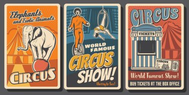 Sirk göstericileri retro vektör posterleri. Lunapark karnavalı, palyaçolar ve akrobatlar. Büyük sirk çadırı, topu evcilleştiren fil, hava dengesi ve bisiklette eğlence. Bilet gişesi eski kartları