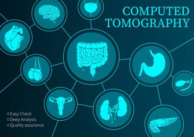 Bilgisayarlı tomografi, ilaç, vektör MRI taraması ve iç organların CT taraması, tanı tıbbı. Böbreklerin, mesanenin, testislerin ve midenin manyetik rezonans görüntülemesi, pankreas, neon poster