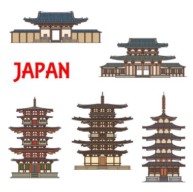 Japonya, Ikaruga Nara 'daki Japon tapınakları, tapınakları ve pagodaları Budist mimari simgelerini temsil ediyor. Horyu-ji, Toto ve Doğu Pagodas, Nandaimon ve Horyuji Tumon Tapınağı Nara Bölgesi