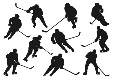 Ice hokey players silhouettes, sport team vector icons playing on ice rink arena. Ice hockey team players goalkeeper, forward, winger, referee and defenseman with puck and stick at goal gates clipart