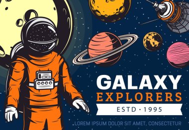 Galaksi astronot keşfi, uzay keşfi. Uzayda uçan astronot, güneş sistemi gezegenleri ve yapay uydu, uzay gemisi veya istasyon komuta modülü. Gezegenlerin sömürgeleştirme bayrağı