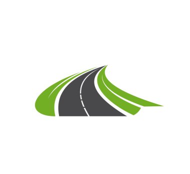 Yol, patika, otoban vektör simgesi. Seyahat ya da ulaşım hizmeti, seyir sembolü, garaj yolu elementi. Çimenli yol kenarları beyaz arka planda izole edilmiş yeşil tarlalar boyunca uzanan Paved yolu