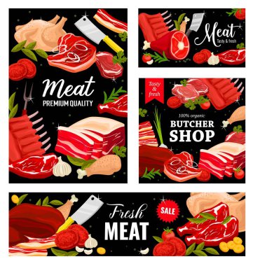 Et, kasap eti, domuz eti ve kuzu eti, vektör pankartları, posterler. Kasaplık pazarı menüsü et biftekler, jambon ve barbekü kaburgaları, tavuk ve hindi, domuz eti fileto ve biftek.