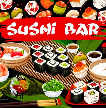 Suşi barı, Japon usül vektör posteri, Japon yemek ruloları, sashimi, nigiri sushi, temaki veya uramaki rolleri, oshizushi ve gunkan yemekleri. Pirinçli balık ve deniz ürünleri suşisi ve deniz yosunu çizgi film kapağı.
