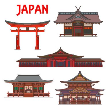 Japon tapınakları, tapınaklar ve tapınaklar, Japon Tokyo kırmızı torii kapıları Itsukushima Ryobu. Nagano 'daki Kokubunji Tapınağı Zenko-ji ve Osaka' daki Sumiyoshi-taisha tapınağı, vektör Budist mimari simgesi.