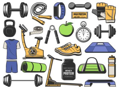 Spor aletleri, spor aletleri, spor aletleri, vektör simgeleri. Fitness, vücut geliştirme ve yoga ekipmanları, koşu bandı, spor aleti ve halter, protein besin ve su şişesi.